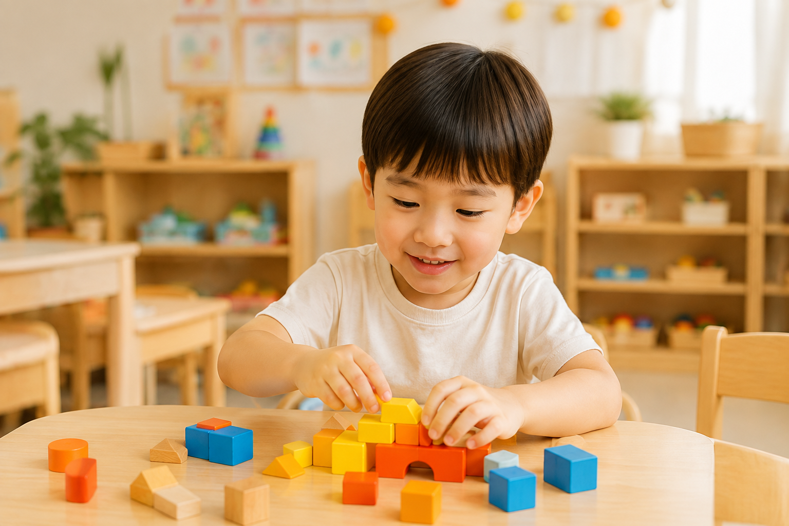 孩子专注搭建积木
